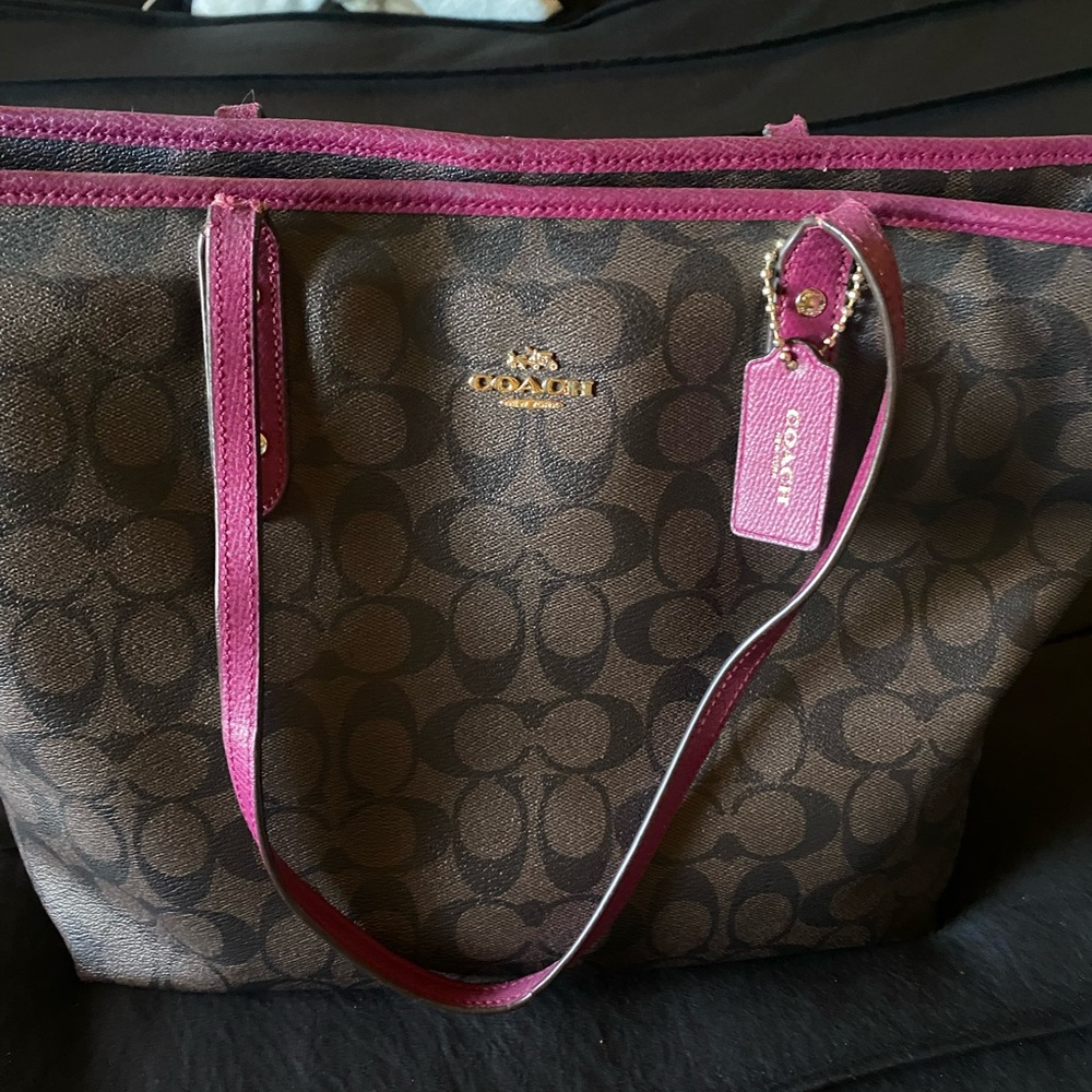 Coach Brown Tote with Pink Accents